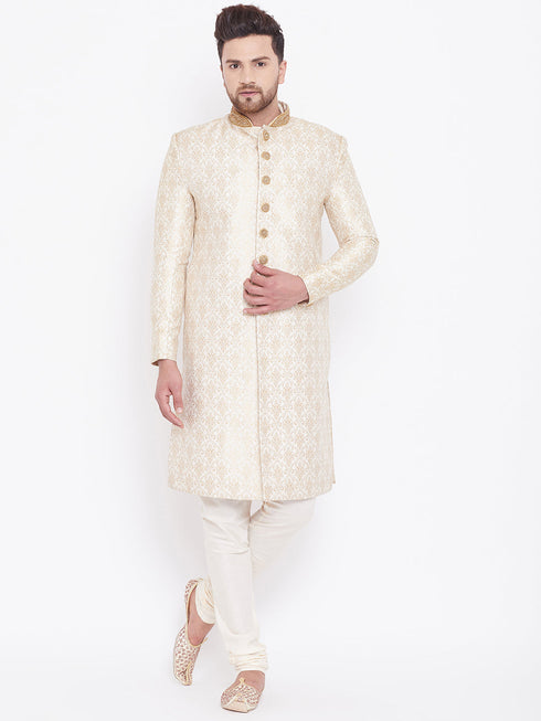 Vastramay Men's Beige And Gold Embroidered Brocade Sherwani Set
